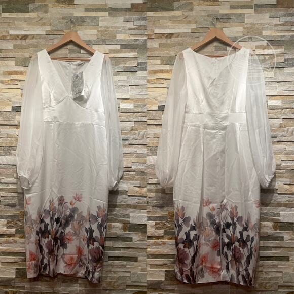 FEHAUTE US10 White Bridal Dress | Sheer Sleeves, Floral Hem, NWT - Picture 5 of 13